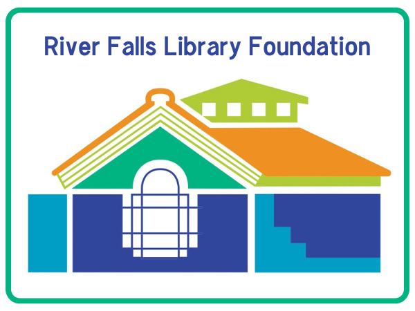 River Falls Library Foundation logo which looks like a library with a orange and green book for a roof, a large front window and walls in two shades of blue