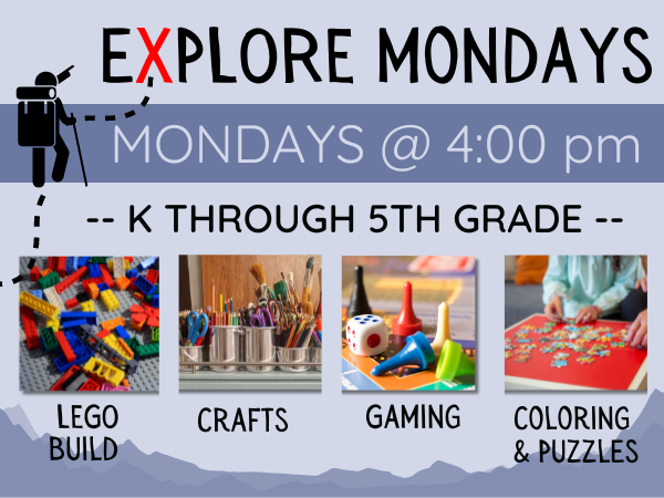 Image shows four different squares with different activities that include Legos, Crafts, Games and an image with Puzzles. These activities occur on Mondays at 4 pm.