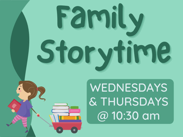 Girl pulling a wagon of books for Family Storytime sessions that are on Wednesdays and Thursdays at 10:30 am