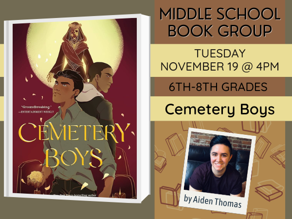 Middle School Book selection, Cemetery Boys is pictured with the author.