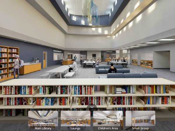 Virtual tour of the library with options to select main library, lounge, children's area and small group room showing the remodel of the library.