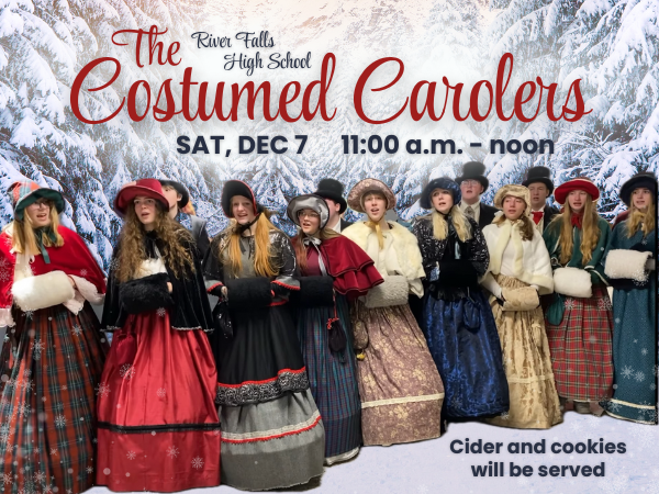 River Falls High School costumed carolers in custom singing with a winter background