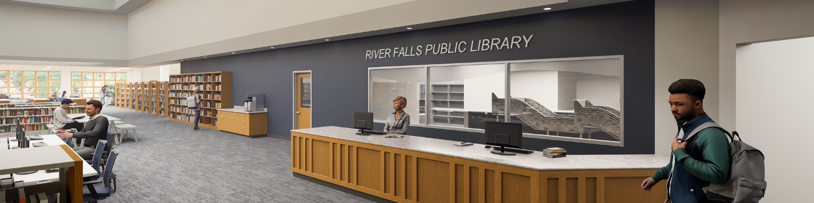 Conceptual image of the remodeled front area of the library showing the main desk, computer area, book shelves and people using the library