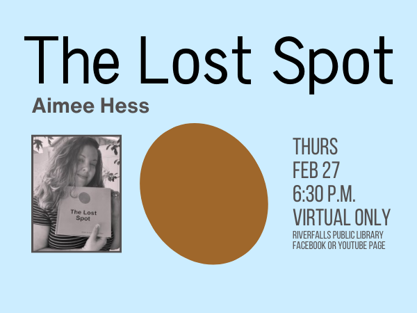 pale blue background with brown spot black author aimee hess shown in black and white holding a copy of book the lost spot