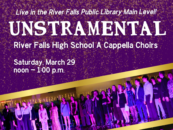 purple and gold with white lettering teens singing in a choir format with dark mood lighting