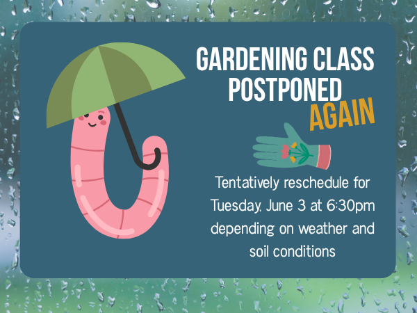 Gardening class posted postponed again until Tuesday, June 3 at 6:30pm with a pink worm holding a green umbrella with a green and blue rain background