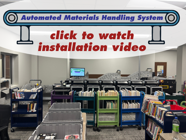 books on carts red and blue lettering open bins conveyor belt