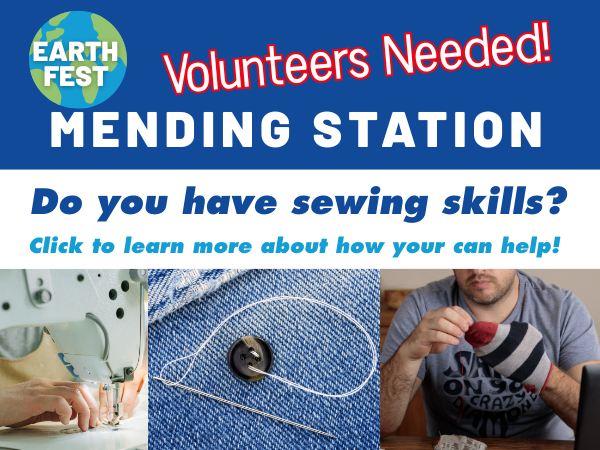 blue white lettering with globe and people sewing