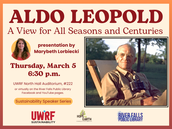 bald man with brown shirt and binoculars sitting in chair outside green trees and grass in background cream with dark red lettering woman with long hair and red shirt is presenter in smaller area