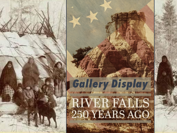 River Falls 250 Website Image indigenous people in front of shelters outside mounment with american flag blue and white lettering